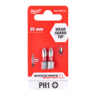 Упаковка насадок Milwaukee Shockwave PH1 25 мм (2 шт), (4932430850)