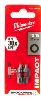 Упаковка насадок Milwaukee Shockwave TX15 25 мм (2 шт), (4932430872)
