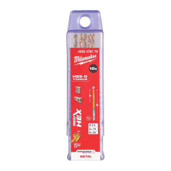 Сверло по металлу Milwaukee RedHEX HSS-G TiN. 2.5 мм  (10 шт)