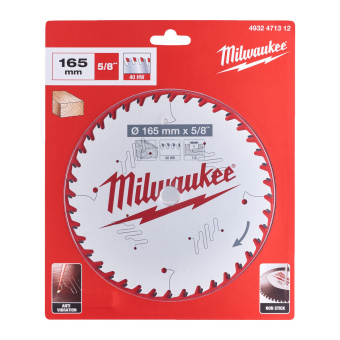 Пильный диск для циркулярной пилы по дереву 165 x 15.87  x 1.6 x 40 Milwaukee (скошенные зубья)