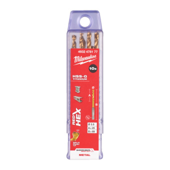 Сверло по металлу Milwaukee RedHEX HSS-G TiN. 3.5 мм  (10 шт) (4932478177)