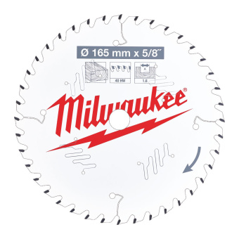 Пильный диск для циркулярной пилы по дереву 165 x 15.87  x 1.6 x 40 Milwaukee (скошенные зубья)